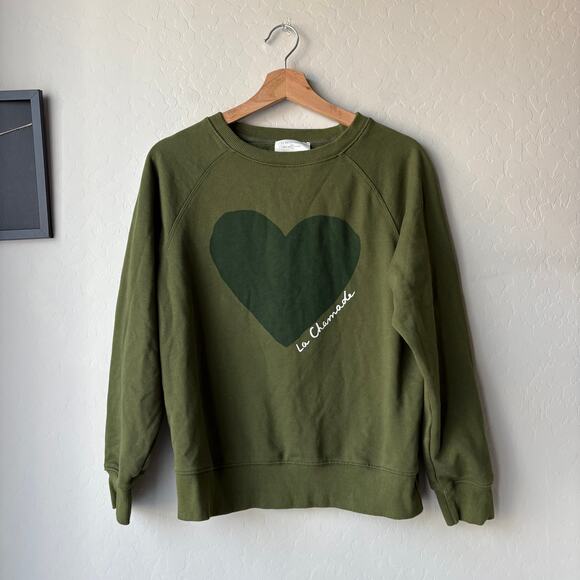 Sezane Sweatshirt Olive Green La Chamade Crewneck Heart Print Size L - Picture 2 of 8